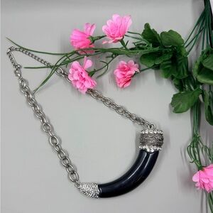 Vintage Black Horn Necklace with Crystal Accents